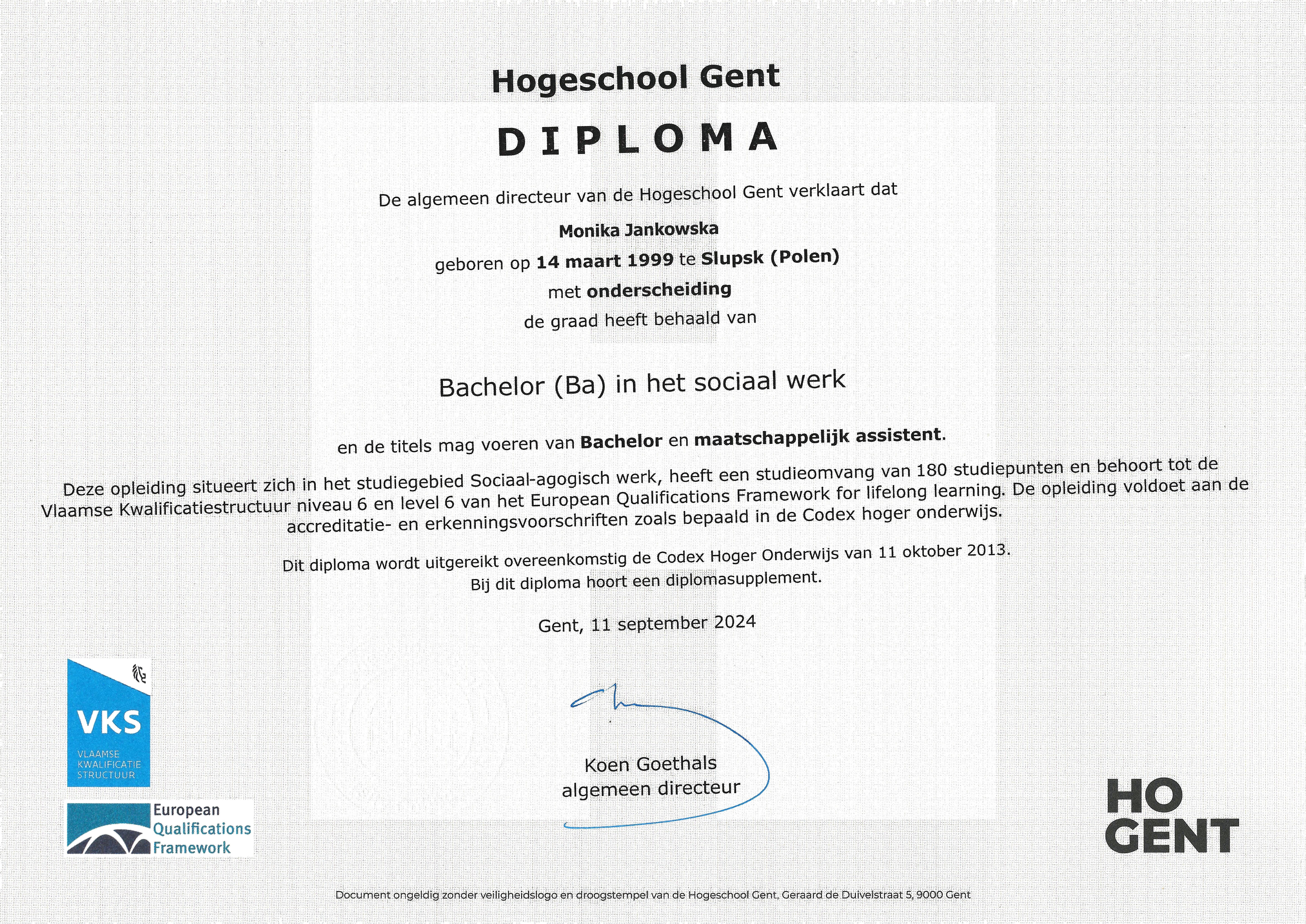 Monika Jankowska diploma
